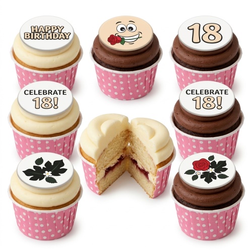 Assortment of adult birthday cupcakes with vanilla and chocolate icing, pink polka dot wrappers, and various toppers including 'Happy Birthday', an emoji, and floral designs.