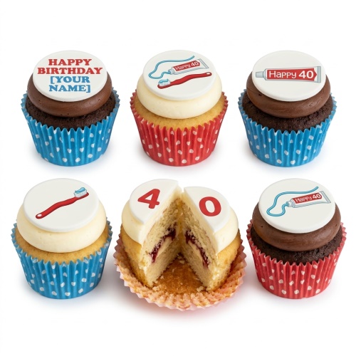 Six dental theme birthday cupcakes with toothbrush, toothpaste, and custom age toppers.