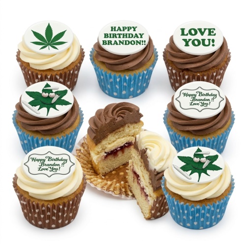 A selection of cupcakes with edible cannabis leaf toppers and personalised birthday messages.