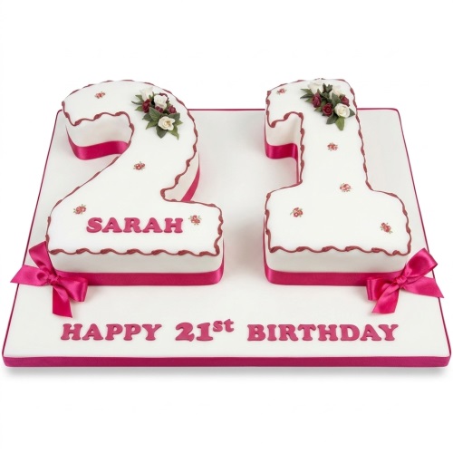 White number shaped birthday cake with pink ribbon, sugar flowers, and green leaves on a white board.