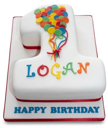 White number 1 shaped birthday cake with colourful balloons and personalised name.