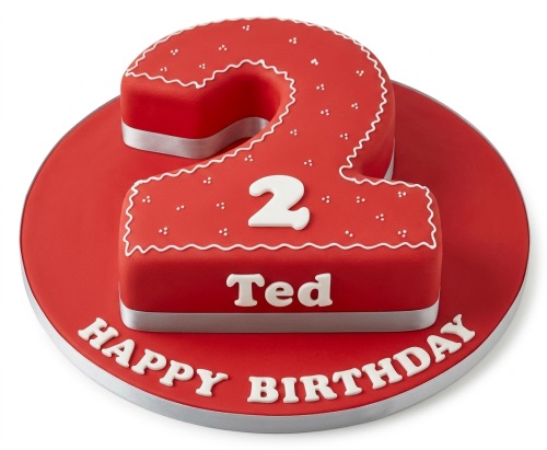 Red number shaped birthday cake with white piping, dots, and ribbon, featuring a custom age topper and personalised name.