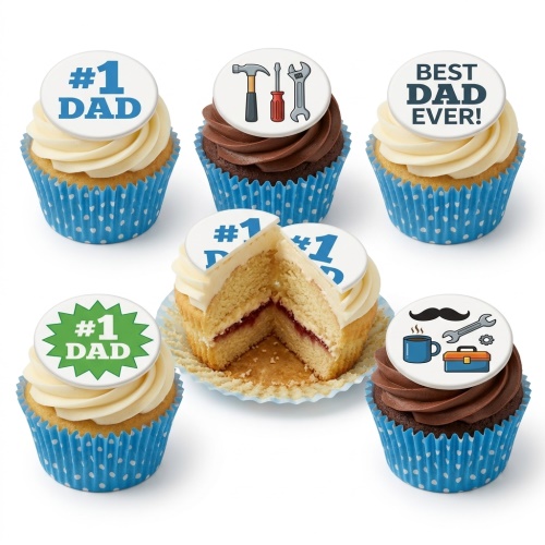 Six cupcakes with white and chocolate frosting, topped with "Best Dad Ever" and tool-themed edible discs.