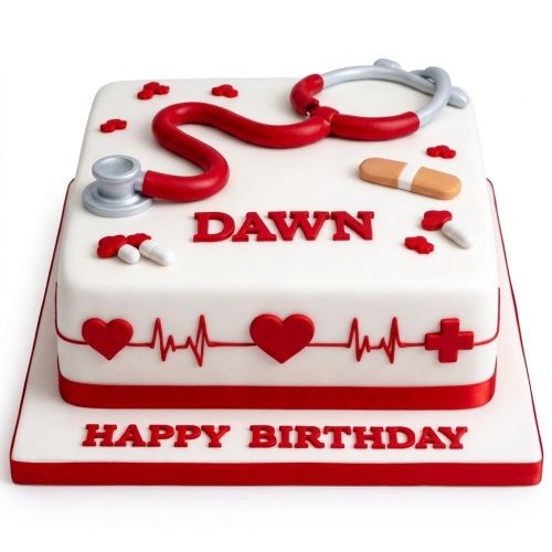 White square cake with red medical theme decorations, including a stethoscope, pills, heartbeat line, hearts, and a cross.