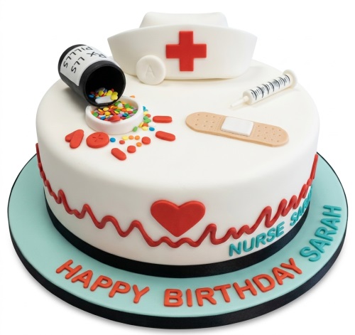 White round nurse theme birthday cake with hat, pills, syringe, and heart line.