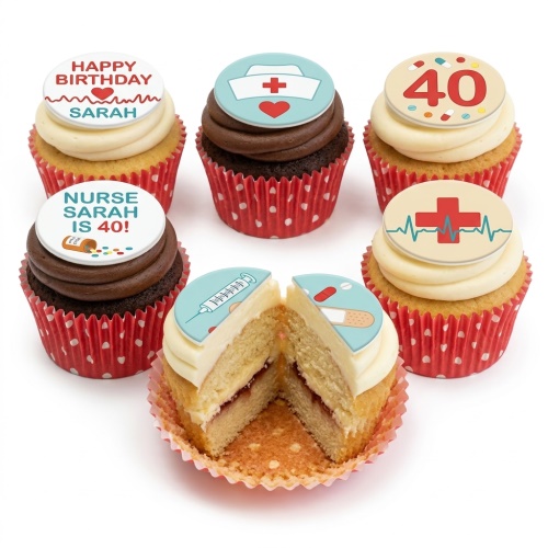 Assortment of nurse and medical-themed birthday cupcakes with custom age and personalised message toppers.