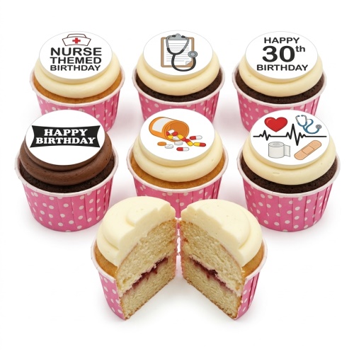 Six cupcakes with nurse and medical themed edible toppers, some with 'Happy Birthday' text.