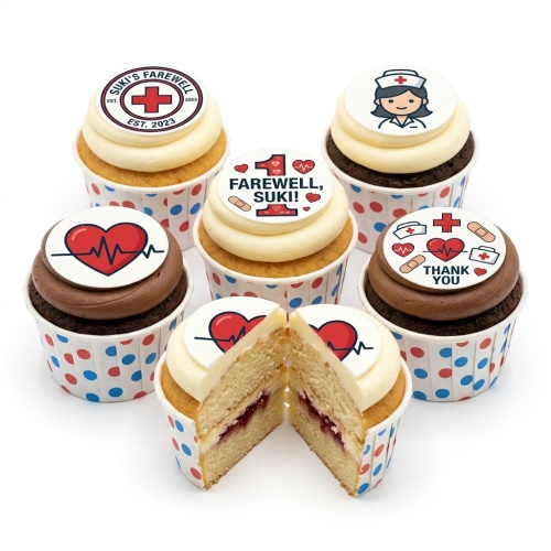 Cupcakes with medical theme toppers including a nurse, heartbeat, red cross, and plasters, with custom farewell and thank you messages.