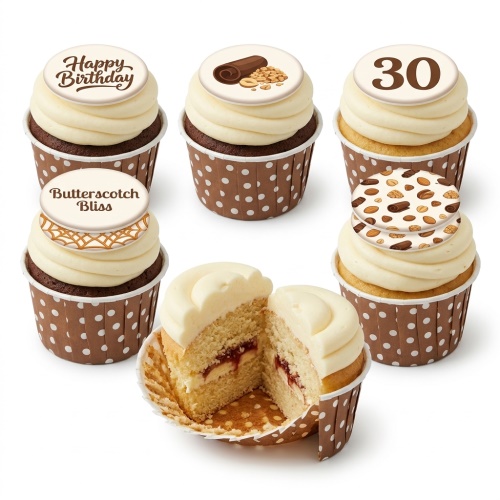 Assorted birthday cupcakes with cream frosting, 'Happy Birthday' and nut-themed toppers, and a custom age '30' topper.