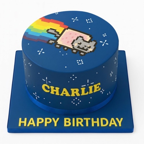 Round blue Nyan Cat birthday cake with rainbow trail and custom yellow name.