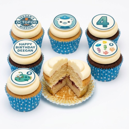 Octonauts themed cupcakes with character toppers, submarine, sea creatures, and a number 4 topper.