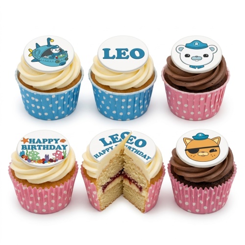 Six Octonauts themed cupcakes with character toppers and 'Happy Birthday' and 'LEO' messages.