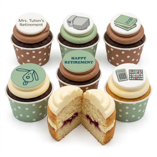 Assortment of retirement cupcakes with office-themed toppers, including a printer, books, calculator, and a dog.