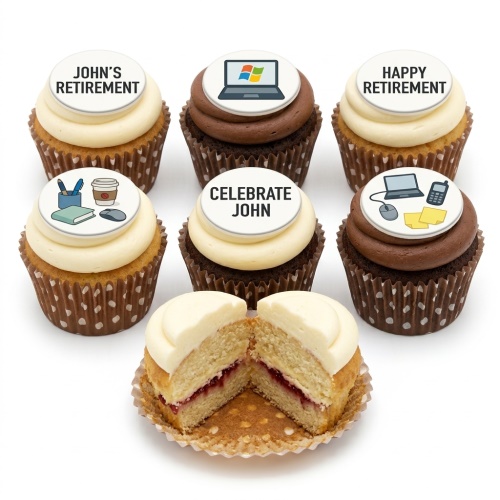 A selection of vanilla and chocolate cupcakes with white and brown frosting, topped with edible discs featuring office items like laptops, phones, and stationery, and messages like 'Happy Retirement'.