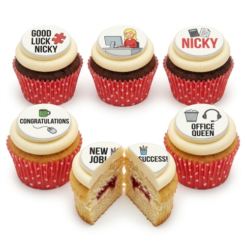 Six office-themed cupcakes with white frosting and edible toppers. Toppers show messages like 'Good Luck', 'Congratulations', 'New Job!', 'Success!' and office graphics.