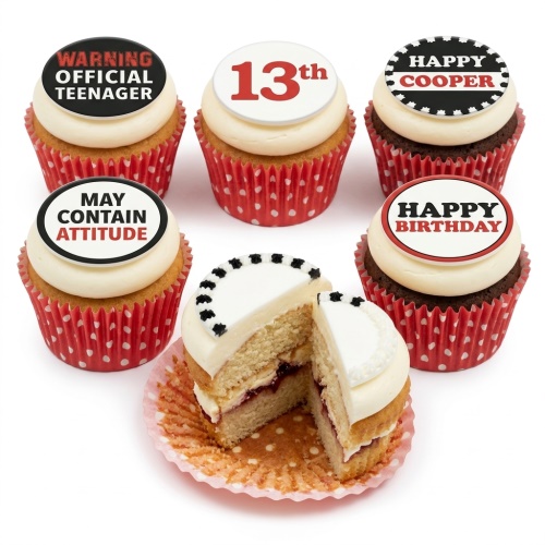 Cupcakes with white and chocolate frosting, red polka dot cases, and 'Warning Official Teenager', 'May Contain Attitude', '13th', 'Happy Birthday', and 'Happy Cooper' toppers.