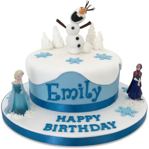 Round Disney Frozen birthday cake with Olaf, Elsa, Anna, snow, and blue snowflakes.