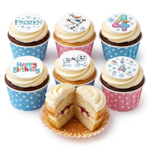 Frozen Olaf birthday cupcakes with snowflakes, 'Happy Birthday' message, and a number 4 topper.