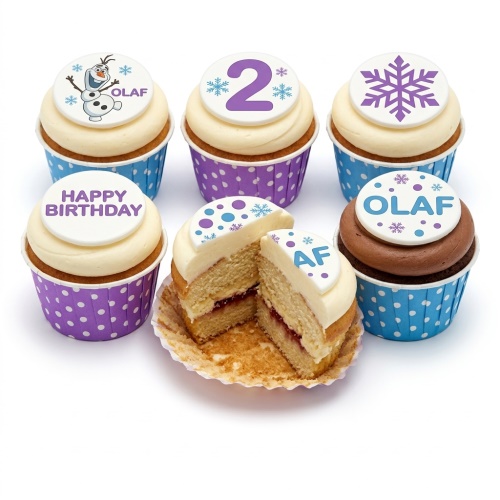 Olaf themed birthday cupcakes with white frosting, blue and purple wrappers, and custom age topper