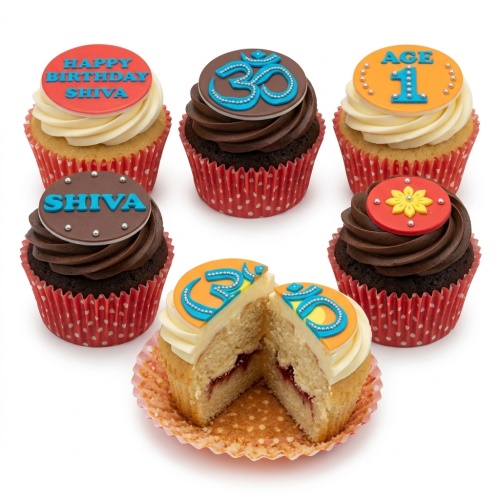 Cupcakes with Om symbol toppers, custom age, and personalised name examples.