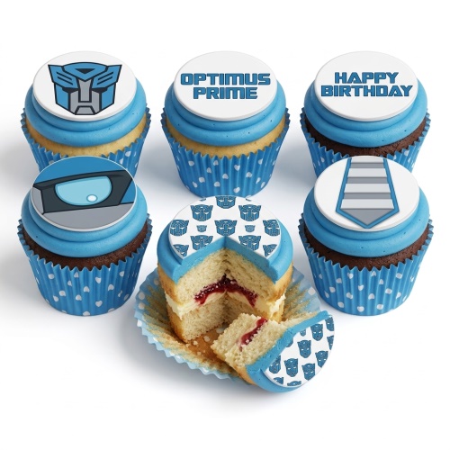 Optimus Prime themed birthday cupcakes with blue frosting and Autobot logos