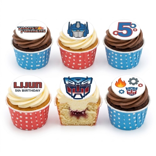 Transformers themed cupcakes with Optimus Prime and Autobot logos, custom age topper.