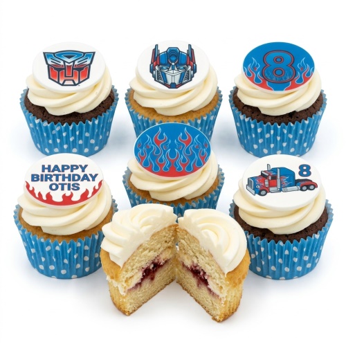 Transformers themed birthday cupcakes with Optimus Prime, Autobot logo, flames, and custom age topper.