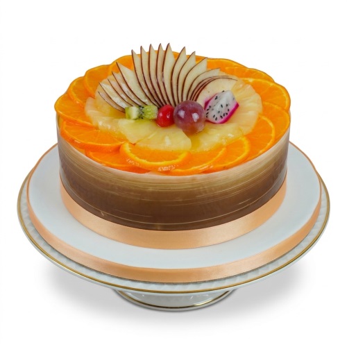 Round fresh fruit cake with orange slices, pineapple, kiwi, grapes, and fanned apple, tied with a peach ribbon.