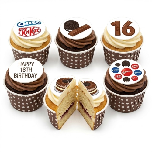 Assorted chocolate brand cupcakes with custom age and birthday message toppers.
