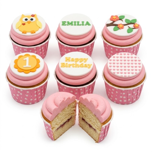 Pink cupcakes with owl, floral branch, heart pattern, personalised name, and number toppers