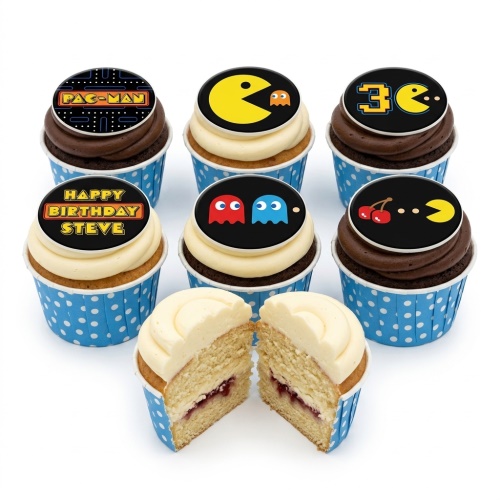 A set of Pac-Man themed birthday cupcakes with various game character toppers and a personalised message example.