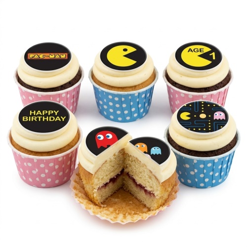 Pac-Man themed birthday cupcakes with yellow Pac-Man, ghost characters, and maze designs.