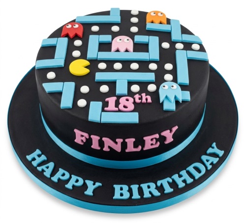 Round black Pac-Man themed birthday cake with blue maze, ghosts, yellow Pac-Man, white pellets, and custom age text.
