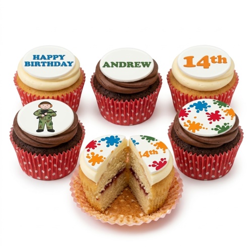 Six cupcakes with soldier, paint splatters, "Happy Birthday", "Andrew", and "14th" toppers.