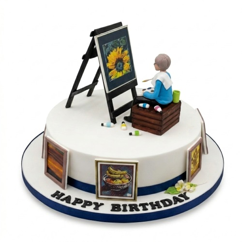 Round white birthday cake with an artist figurine, easel, sunflower painting, and framed edible artworks.