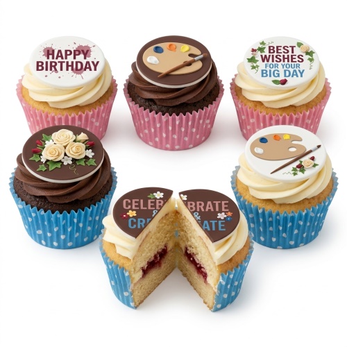 Assortment of vanilla and chocolate cupcakes with art palette, floral, and celebration message toppers.