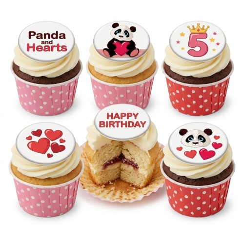 Panda and hearts themed birthday cupcakes with white frosting, red hearts, and a custom age topper.