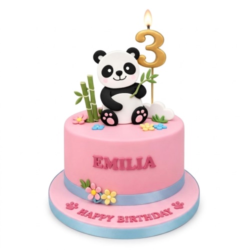 Pink birthday cake with a cute panda topper, bamboo, and colourful flowers. Features a custom age candle.