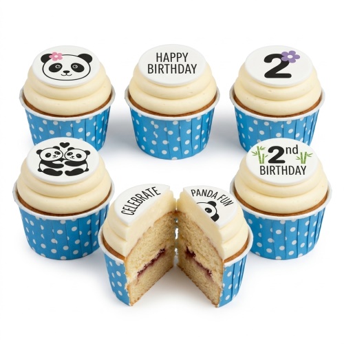 Six panda themed birthday cupcakes with white frosting and blue polka dot cases, including custom age and message toppers.