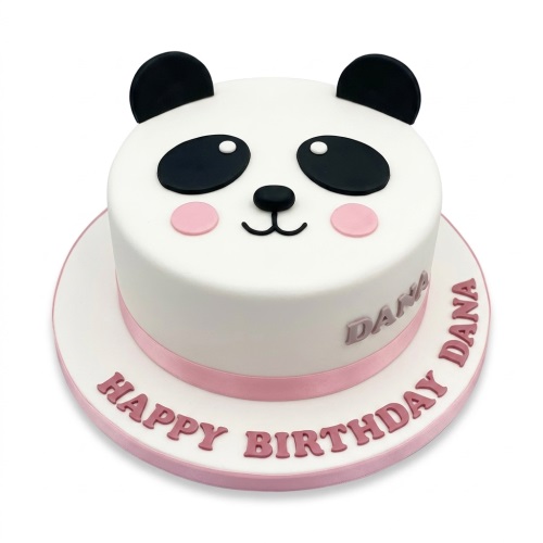 Cute panda face birthday cake with black ears, eyes, and pink cheeks, featuring a pink ribbon and space for a personalised message.