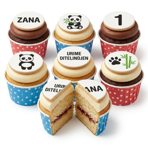 Assortment of panda themed birthday cupcakes with custom age and name toppers