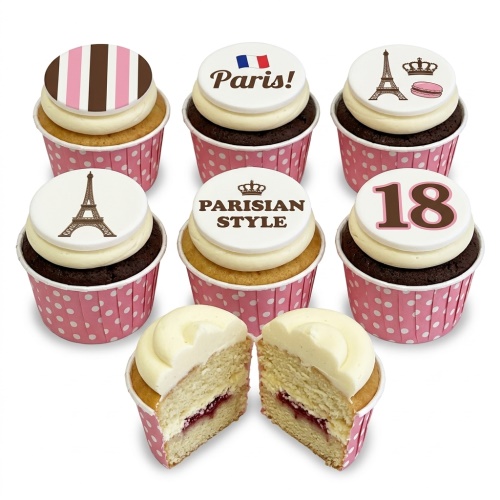 Paris theme cupcakes with Eiffel Tower, French flag, macaron, stripes, and custom age topper.