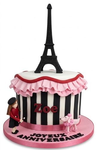 Paris theme birthday cake with Eiffel Tower, girl figure, pink poodle, and black and white stripes.
