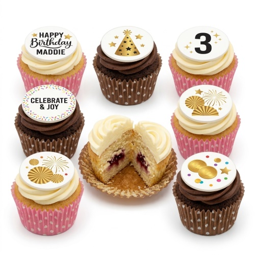 Gold and white celebration cupcakes with party hat, fireworks, and confetti toppers, some with custom age and message.
