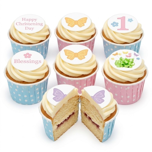 Pastel cupcakes with white frosting and edible toppers featuring butterflies, 'Happy Christening Day', 'Blessings', and the number '1'.