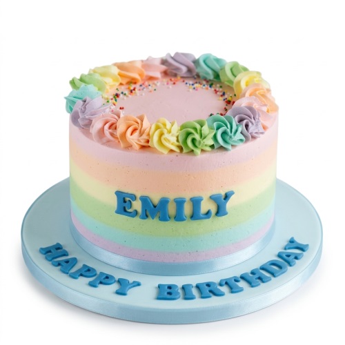 Round pastel rainbow striped birthday cake with buttercream rosettes and personalised message.