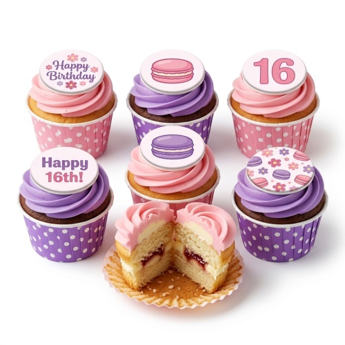 Pink and purple birthday cupcakes with macaron and floral toppers, including a custom age topper.