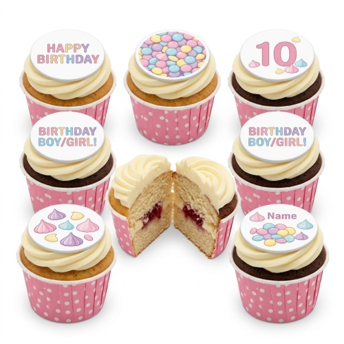 Selection of pastel birthday cupcakes with custom age, name, and candy toppers in pink wrappers.