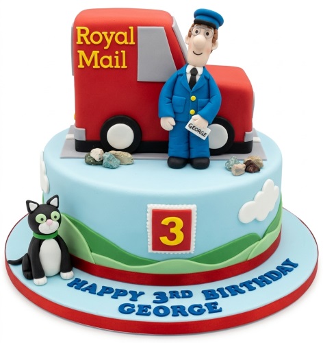 Two-tier Postman Pat birthday cake with Jess the Cat and Royal Mail van figures.