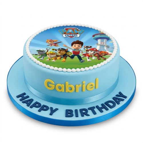 Round blue Paw Patrol birthday cake with edible character image and custom name area.